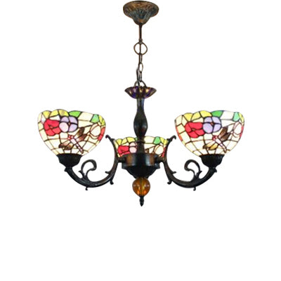 Stained Glass 3-Light Ceiling Pendant Chandelier - Retro Bowl Design With Dragonfly And Flower