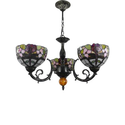 Stained Glass 3-Light Ceiling Pendant Chandelier - Retro Bowl Design With Dragonfly And Flower