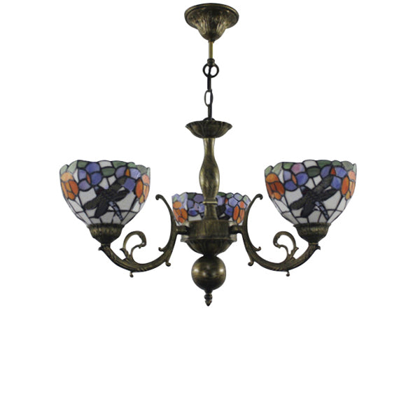Stained Glass 3-Light Ceiling Pendant Chandelier - Retro Bowl Design With Dragonfly And Flower