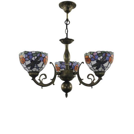 Stained Glass 3-Light Ceiling Pendant Chandelier - Retro Bowl Design With Dragonfly And Flower
