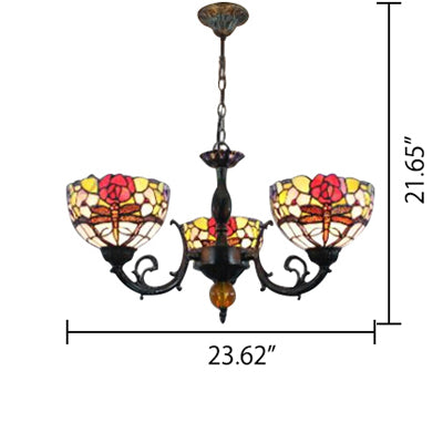 Stained Glass 3-Light Ceiling Pendant Chandelier - Retro Bowl Design With Dragonfly And Flower
