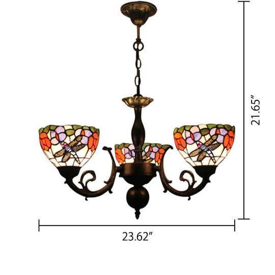 Stained Glass 3-Light Ceiling Pendant Chandelier - Retro Bowl Design With Dragonfly And Flower