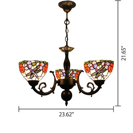 Retro Stained Glass Dragonfly Bowl Chandelier - 3-Light Pendant Lamp With Floral Pattern