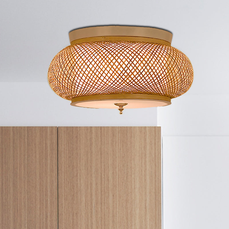 Hand - Knitted Lantern Design Asian Style Bamboo Pendant Light - 3 - Light Yellow Ceiling Fixture