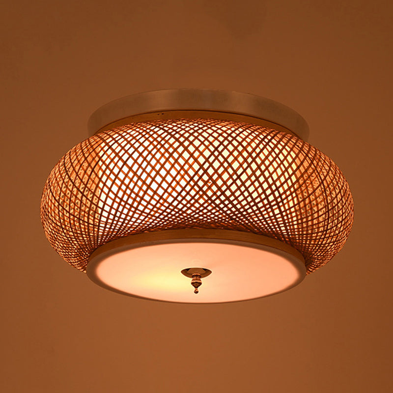 Hand - Knitted Lantern Design Asian Style Bamboo Pendant Light - 3 - Light Yellow Ceiling Fixture