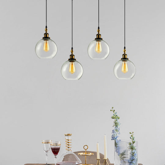 Vintage Industrial Brass Orb Pendant Light With Clear Glass Shade - 3/4-Light Multi Hanging Fixture