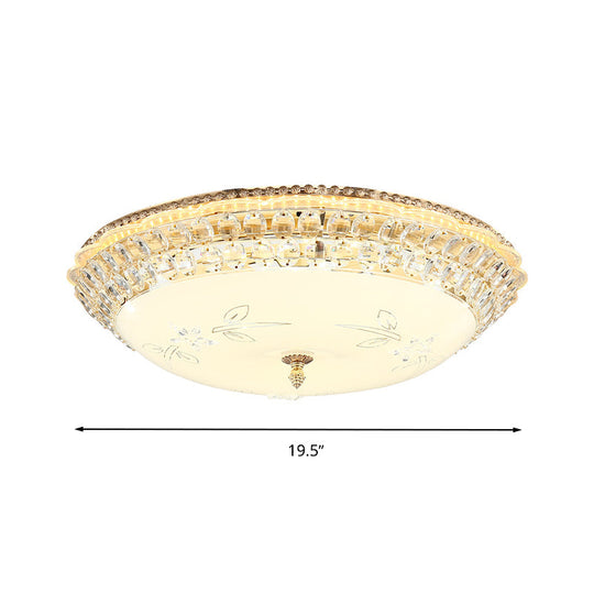 Modern Led Gold Flush Mount Ceiling Light With Crystal Accents Dome White Glass 12’/16’/19.5’ W