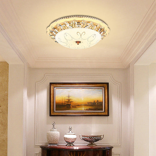 Modern White Glass Bowl Ceiling Lamp With Led Lighting And K9 Crystal Accent - 12/16/19.5 Wide