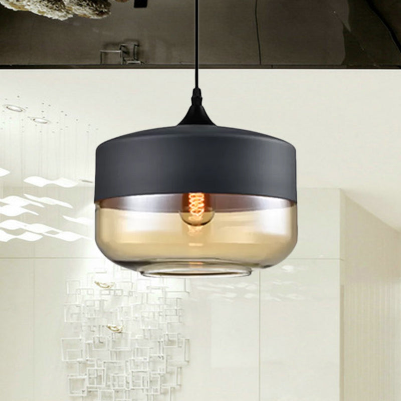 Modern 1-Light Glass Suspension Pendant In White/Black - 5/7/8 Wide Drum/Cylinder/Jar Clear/Yellow