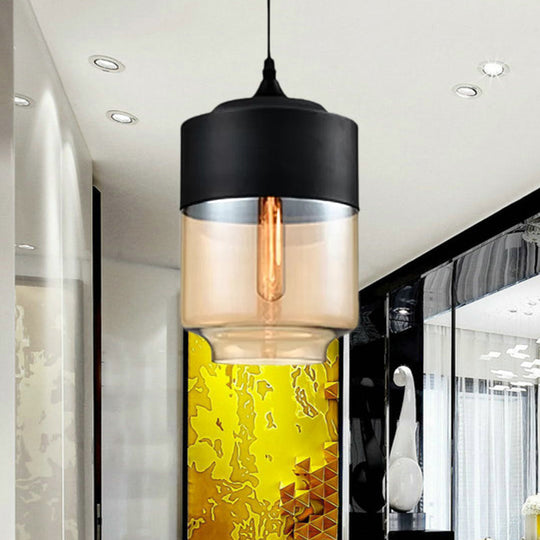 Modern 1-Light Drum/Cylinder/Jar Suspension Pendant – Clear/Yellow Glass White/Black Fixture