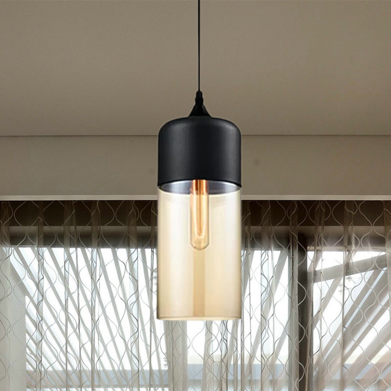 Modern 1-Light Drum/Cylinder/Jar Suspension Pendant – Clear/Yellow Glass White/Black Fixture