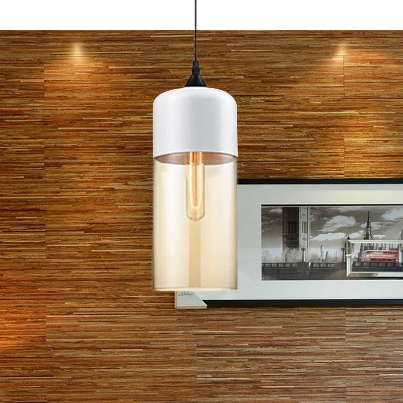 Modern 1-Light Drum/Cylinder/Jar Suspension Pendant – Clear/Yellow Glass White/Black Fixture