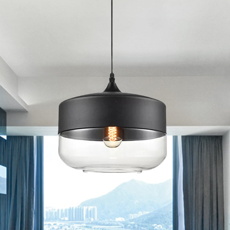 Modern 1-Light Glass Suspension Pendant In White/Black - 5/7/8 Wide Drum/Cylinder/Jar Clear/Yellow