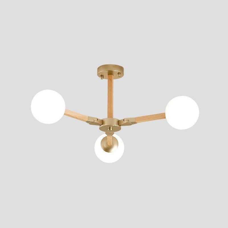 Contemporary Wood Branch Chandelier With White/Black/Gold Finish 3/6/9 Lights And White Glass Shade