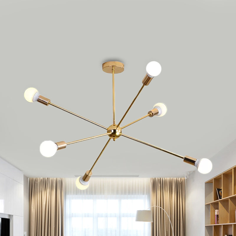 Modern Metal Starburst Chandelier Light - 6/10/12 Lights 26/38.5 Wide Gold Finish Bare Bulb Hanging
