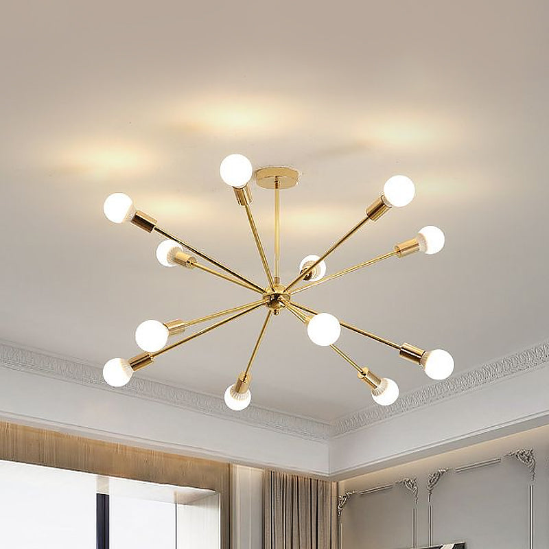 Modern Metal Starburst Chandelier Light - 6/10/12 Lights 26/38.5 Wide Gold Finish Bare Bulb Hanging
