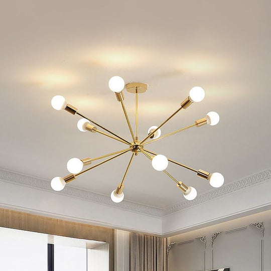 Modern Metal Starburst Chandelier Light - 6/10/12 Lights 26/38.5 Wide Gold Finish Bare Bulb Hanging