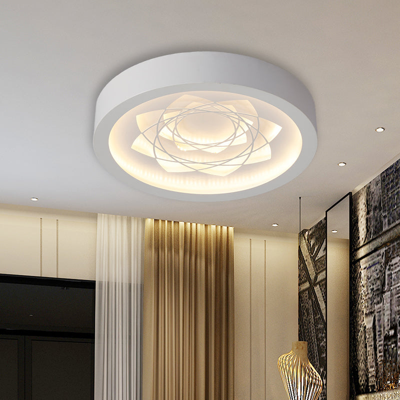 Contemporary Led White Drum Flush Mount Ceiling Fixture With Warm/White Light And Petal Pattern
