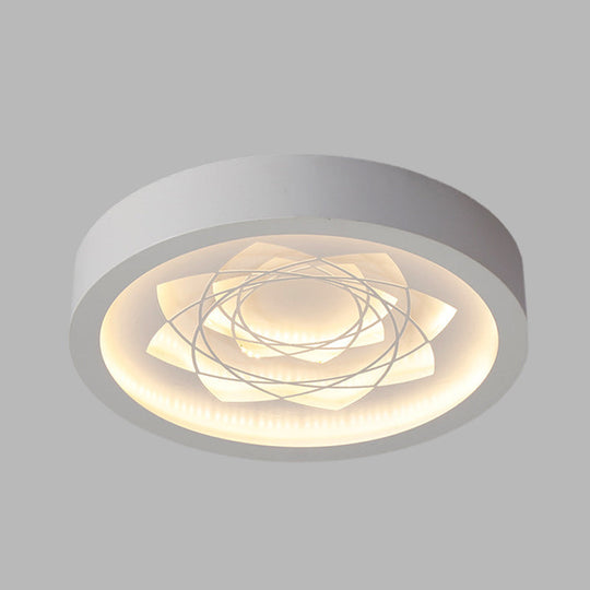 Contemporary Led White Drum Flush Mount Ceiling Fixture With Warm/White Light And Petal Pattern
