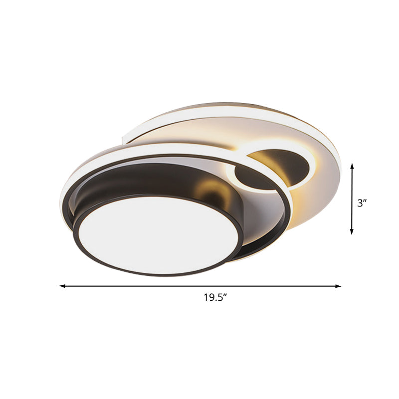 Modern Led Black Metallic Drum Flush Mount Ceiling Lighting For Bedroom - 16’/19.5’ Wide