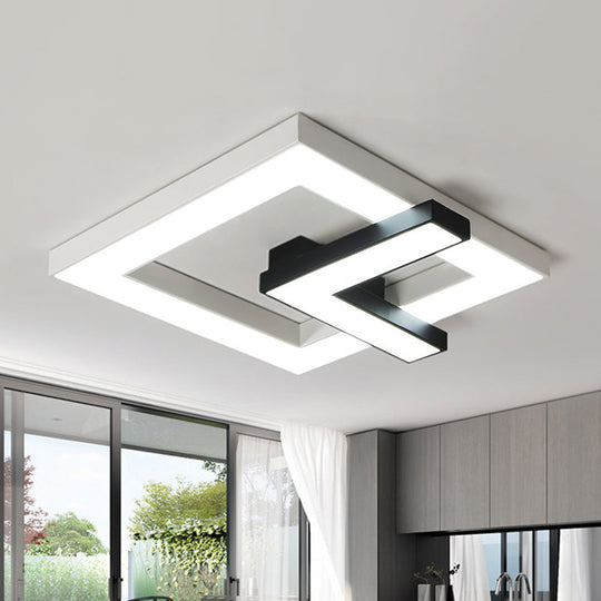 Iron Squared Led Ceiling Flush Mount With Black And White Clock Design White/Warm Light -