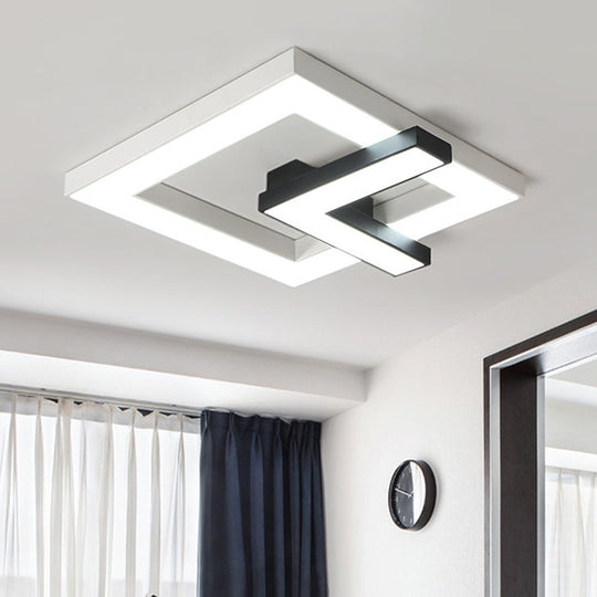 Iron Squared Led Ceiling Flush Mount With Black And White Clock Design White/Warm Light - 16.5/20.5