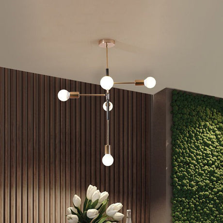 Rectilinear Metal Chandelier - Modern 5-Light White/Black Hanging Ceiling Light With Bare Bulb For
