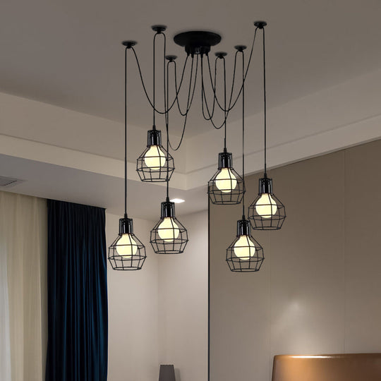 Industrial Style Spider Pendant Hanging Light - 6 Bulbs Black/Gold Iron Dining Room Ceiling Lamp