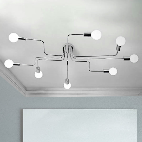 Vintage Metallic Semi Flush Light With Sputnik Design In Antique Brass/Black - Exposed Ceiling