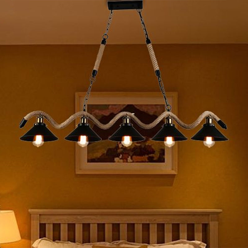 Black Metal & Rope Pendant Light - Farmhouse Style With Wavy Conic Design 3/5 Bulbs