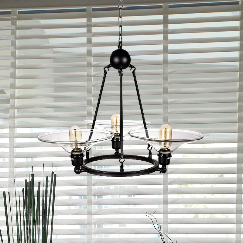 Antique Black Chandelier - 3-Light Clear Glass Cone Pendant Lamp For Living Room