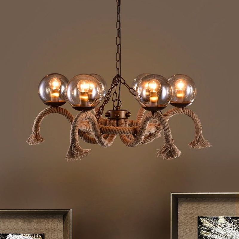 Retro Rust Finish Chandelier - 6 Lights Global Lighting Rope Suspension Smoke Grey Glass Shade