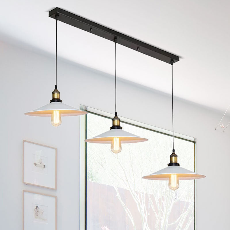 White Metal Pendant Light With 3 Industrial Saucer Hanging Ceiling Lights - Linear/Round Canopy