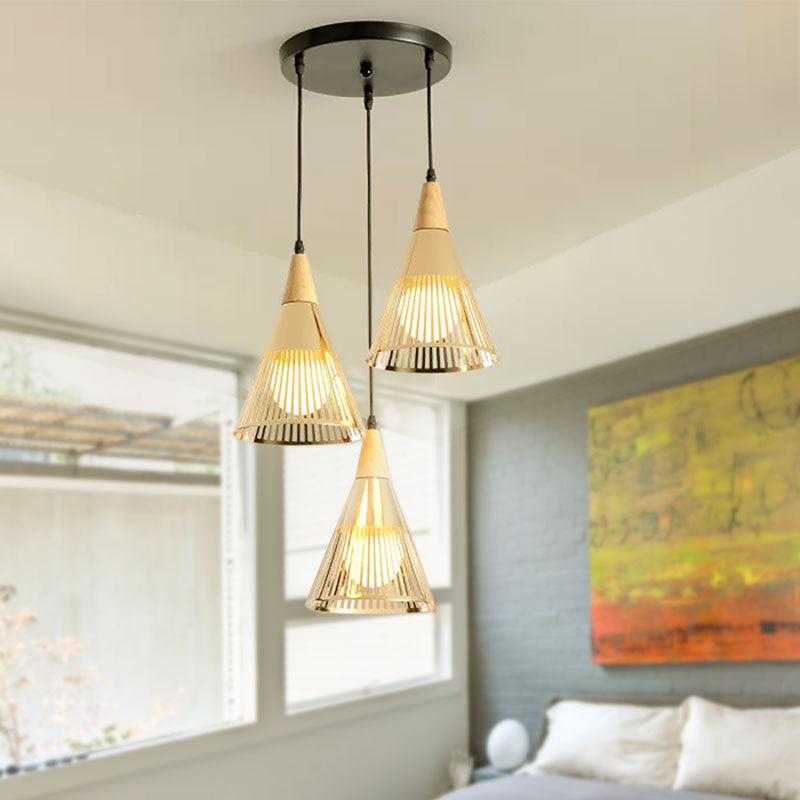 Nordic Cone Ceiling Light With 3 Metal And Wood Pendant Heads