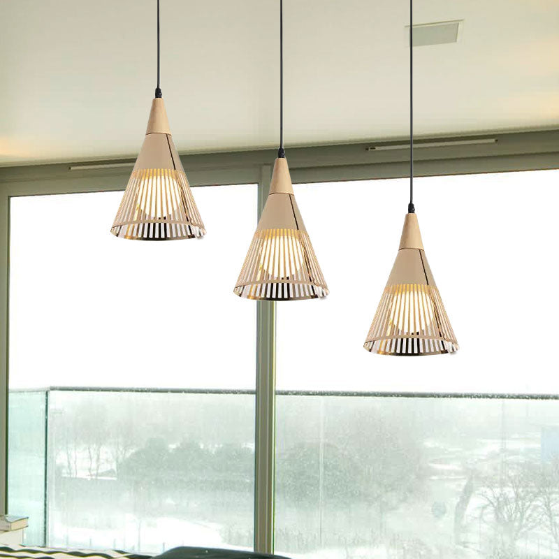 Nordic Cone Ceiling Light - 3 Head Metal And Wood Pendant Lighting With Wire Frame Linear/Round