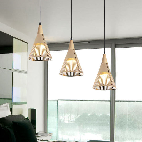 Nordic Cone Ceiling Light - 3 Head Metal And Wood Pendant Lighting With Wire Frame Linear/Round