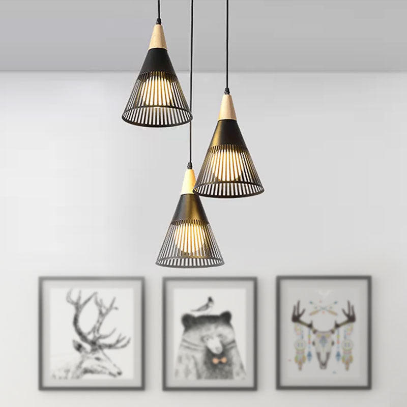 Nordic Cone Ceiling Light With 3 Metal And Wood Pendant Heads