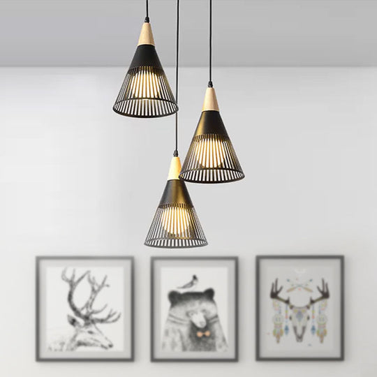 Nordic Cone Ceiling Light With 3 Metal And Wood Pendant Heads