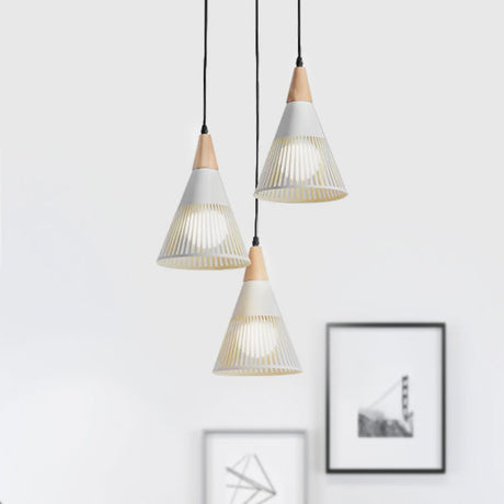 Nordic Cone Ceiling Light With 3 Metal And Wood Pendant Heads