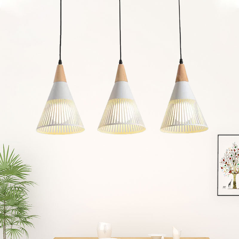 Nordic Cone Ceiling Light With 3 Metal And Wood Pendant Heads White / Linear