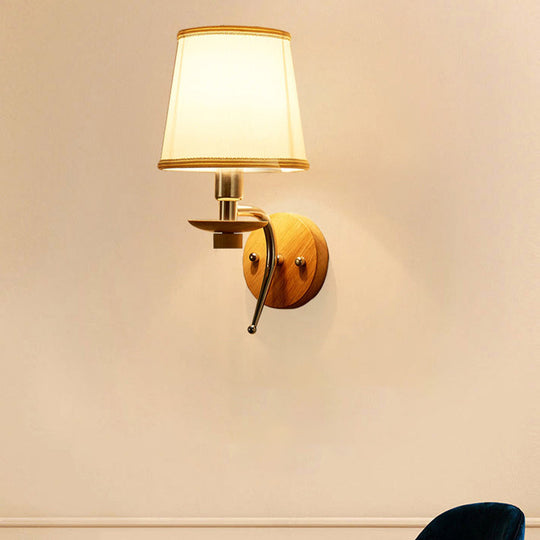 Contemporary White/Beige Fabric Wall Sconce For Corridor - Tapered Mount Fixture With 1 Bulb