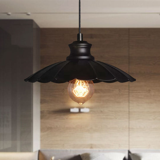 Metallic Black Pendant Lamp With Scalloped Shade - Retro Style Ceiling Light For Kitchen