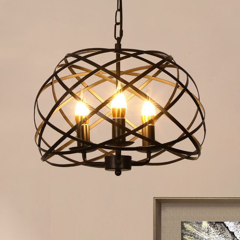 Vintage Open Cage Hanging Light With 3 Candle Chandelier Heads - Stylish & Elegant Black Design