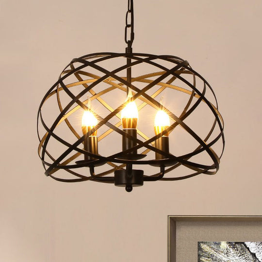 Vintage Open Cage Hanging Light With 3 Candle Chandelier Heads - Stylish & Elegant Black Design