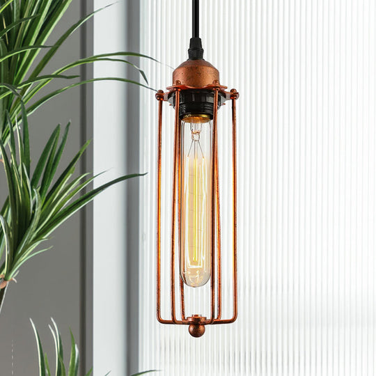 Vintage Style Dark Rust Tube Pendant Light With Wire Guard - Ideal For Kitchen Lighting