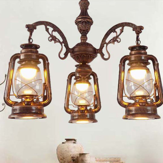 Industrial Pendant Chandelier Light For Kitchen - Clear Glass With Black/Silver/Red Lantern Design