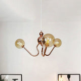 Copper Industrial Chandelier With 3 Clear/Amber Glass Lights For Dining Room Pendant