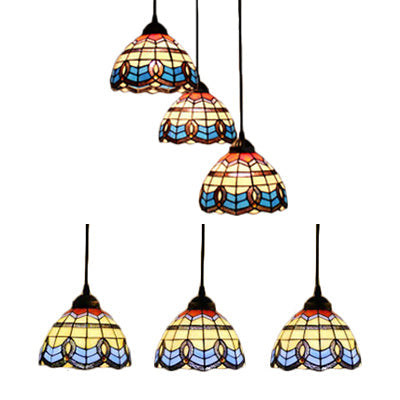 Victorian Tiffany Stained Glass Pendant Light With 3-Bulb Suspension - Blue For Living Room