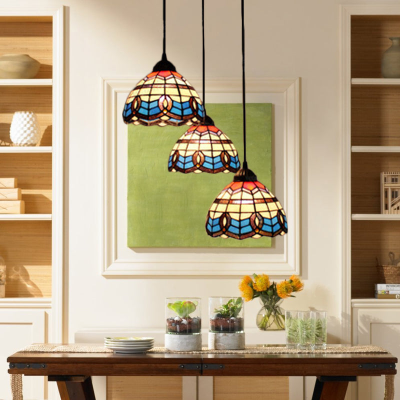 Victorian Tiffany Stained Glass Pendant Light With 3-Bulb Suspension - Blue For Living Room Black /