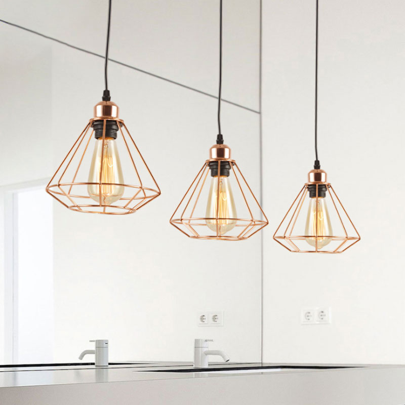 Loft Style Copper Diamond Caged Pendant Lamp - 3 Lights Black Finish